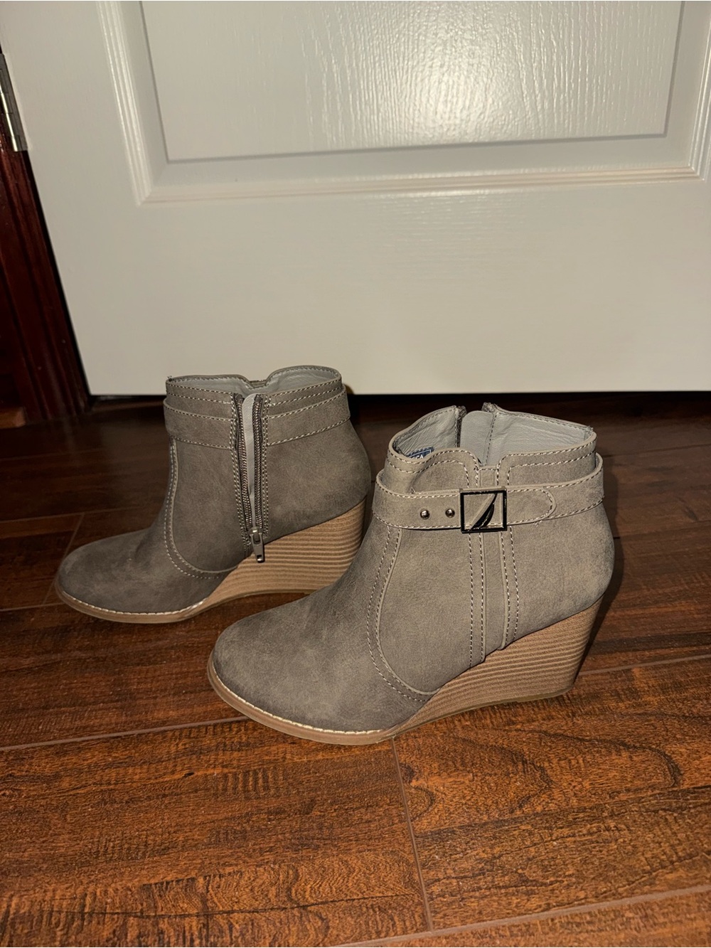 Nautica Gray Suede-Look Wedge Ankle Boots with Buckle